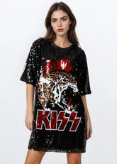 Black sequin KISS graphic oversized tee dress – front view on model.