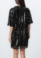 Black sequin KISS graphic tee dress – back view showing length and fit.