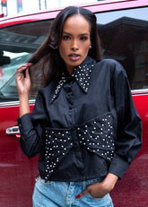 Studded Drawstring Hem Bow Blouse