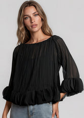 Pleated Petal Hem Long Sleeve Blouse