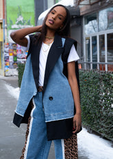 Oversized Denim Contrast Tuxedo Vest