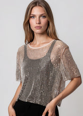 Rhinestone Fishnet Cropped Tee