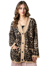 Distressed Trim Leopard Cardigan