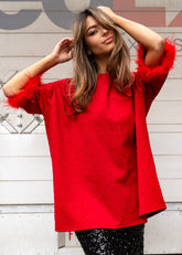 Faux Feather Trim Rhinestone Tunic