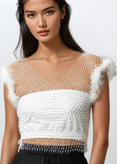 Rhinestone Mesh Feather Trim Top