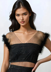 Rhinestone Mesh Feather Trim Top