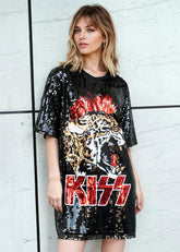 Black sequin KISS graphic oversized tee dress – side angle on model.