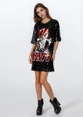 Black sequin KISS sequin tee dress – full-length front view on model.
