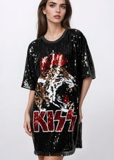 Black sequin KISS graphic dress – straight-on front view.