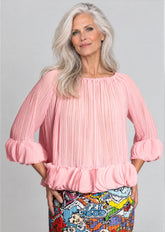 Pleated Petal Hem Long Sleeve Blouse