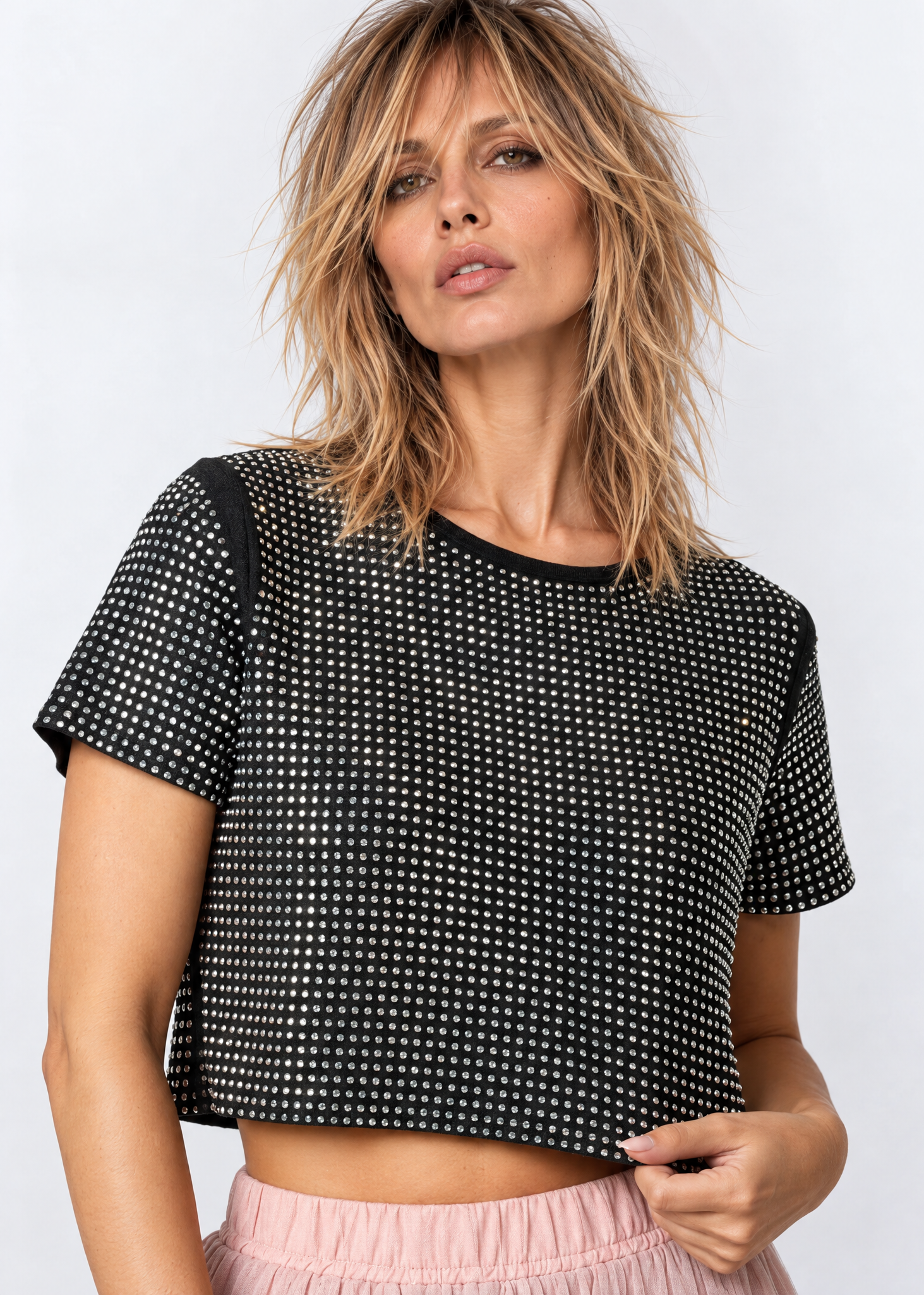 Rhinestone Studded Cropped Tee