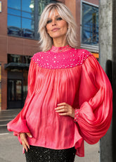 Sequin Yoke Balloon Sleeve Blouse
