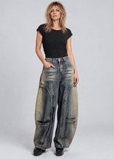 Washed Denim Studded Barrel Pant