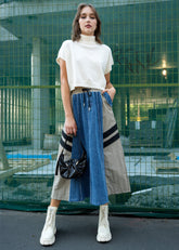 Athleisure Color Block Denim Skirt