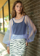 Balloon Sleeve Sheer Tulle Blouse