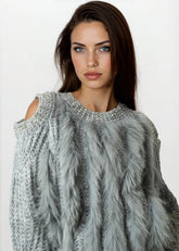 Bedazzled Cold Shoulder Faux Fur Sweater