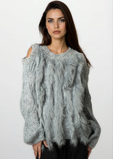 Bedazzled Cold Shoulder Faux Fur Sweater