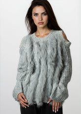 Bedazzled Cold Shoulder Faux Fur Sweater