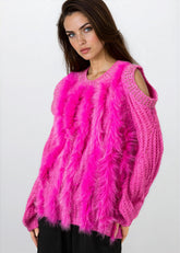 Bedazzled Cold Shoulder Faux Fur Sweater