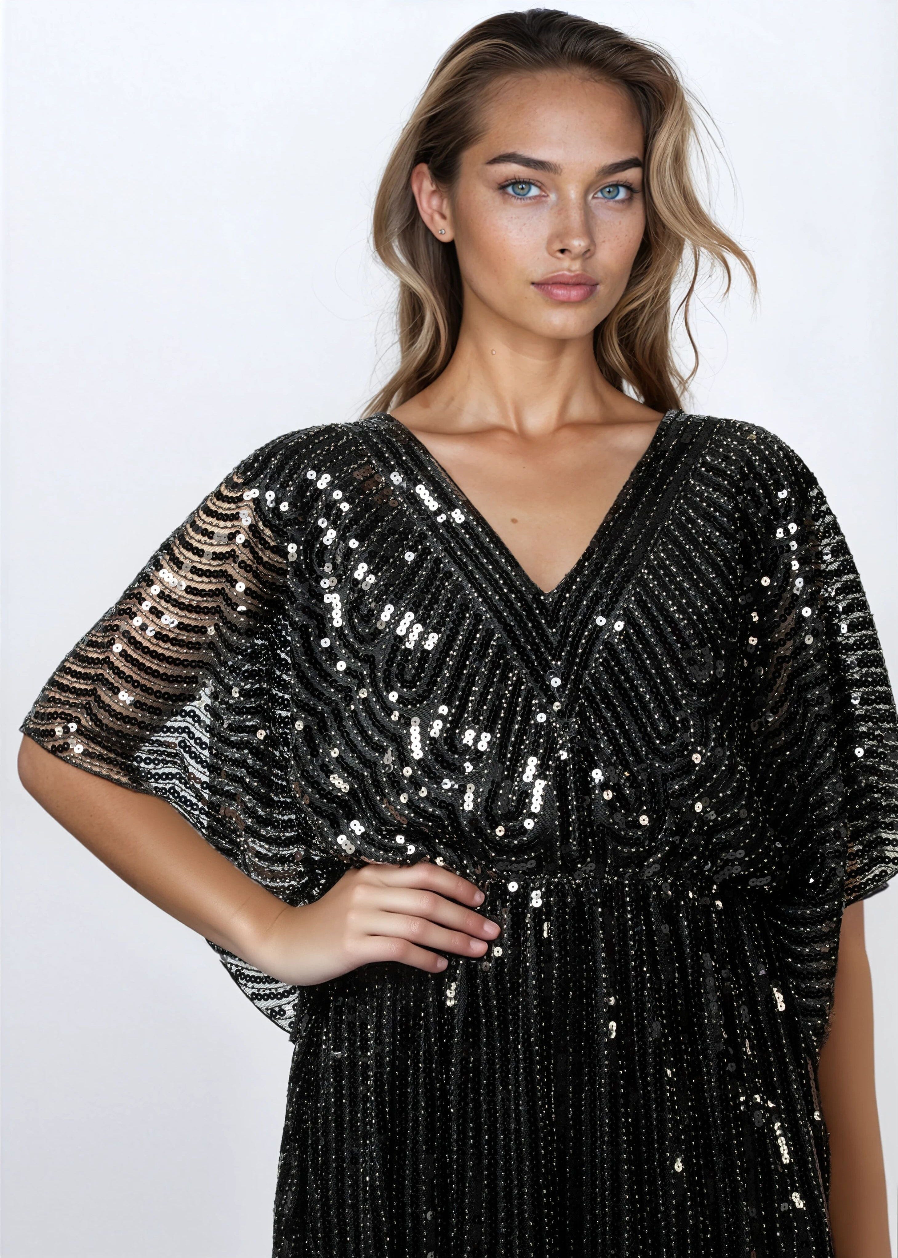 black sequin batwing dress Multi Warehouse Velvet Sequin Plunge Neck Batwing Mini Dress