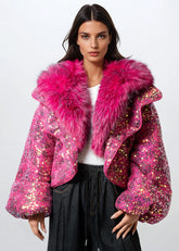 Cropped Glitter Faux Fur Jacket