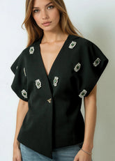 Embellished Brooch Wrap Blouse