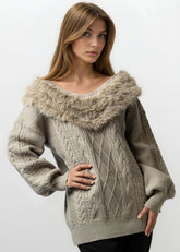 Faux Fur Collared Cable Knit Sweater