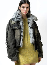 Faux Fur Distressed Grunge Denim Jacket