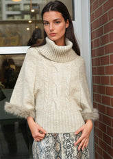 Faux Fur Trimmed Poncho Sweater