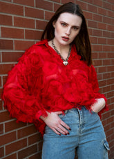 Faux Feathered Button Up Blouse