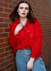 Faux Feathered Button Up Blouse