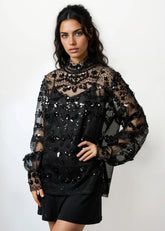 Floral Sequin Sheer Mock Neck Blouse