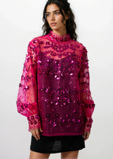 Floral Sequin Sheer Mock Neck Blouse
