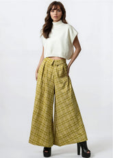 Foldover Waist Plaid Trouser