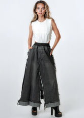 Frayed Hem Denim Panel Skirt