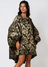 Gold Floral Balloon Sleeve Dress