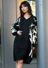 Graffiti V-Neck Fuzzy Sweater Dress