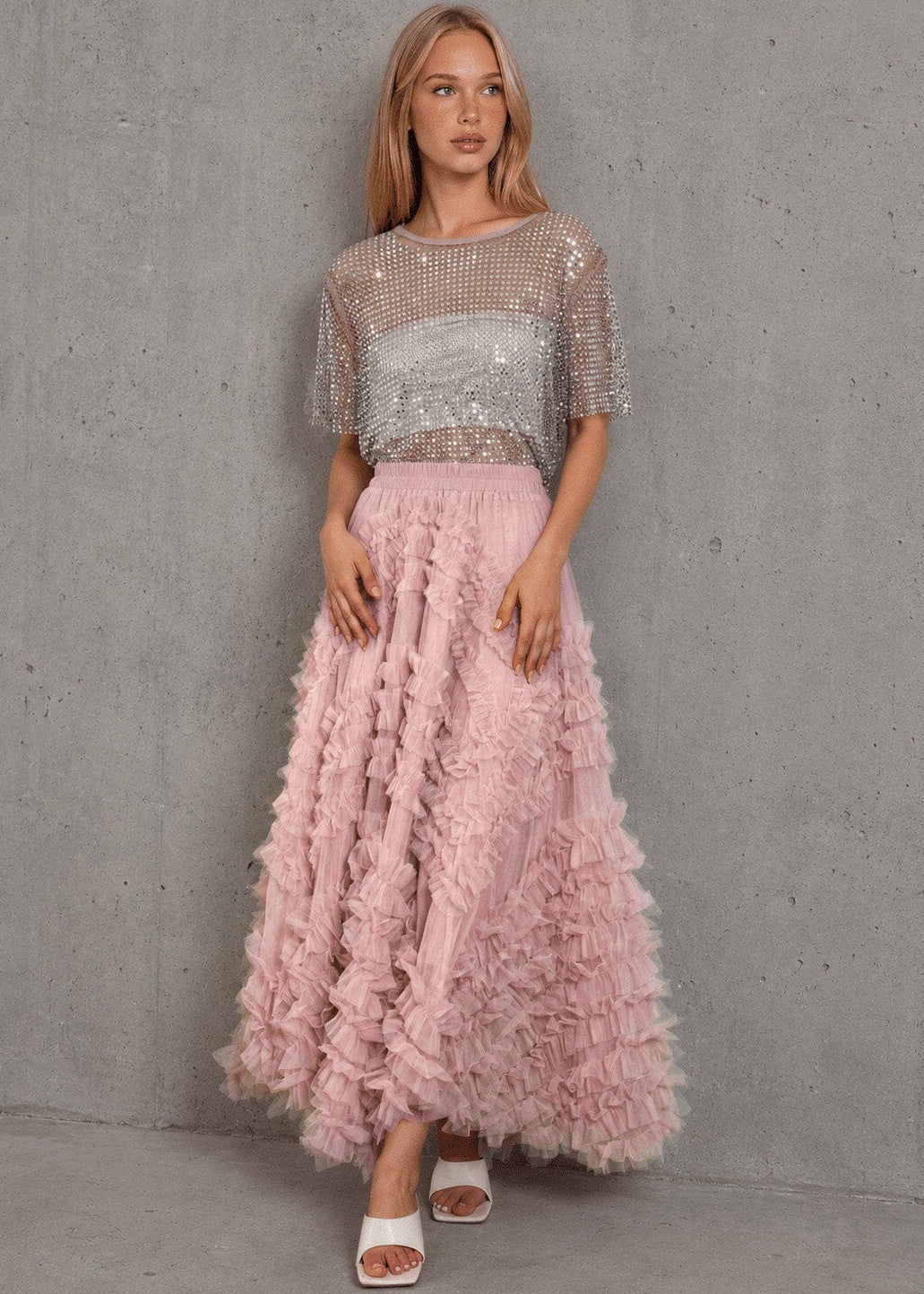 Layered Ruffle Tulle Maxi Skirt
