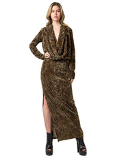 Leopard Velour Long Sleeve Plunge Dress