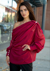 Off Shoulder Sheer Drape Blouse