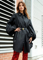 Oversized Balloon Sleeve Belted Dress Shirt