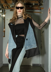 Oversized Denim Contrast Tuxedo Vest