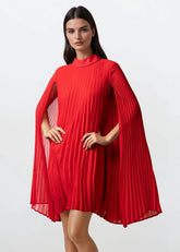 Pleated Mock Neck Cape Dress
