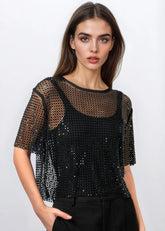 Rhinestone Fishnet Cropped Tee