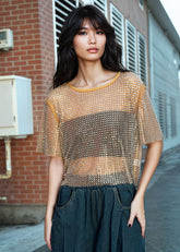 Rhinestone Fishnet Cropped Tee