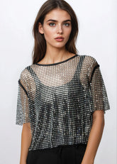 Rhinestone Fishnet Cropped Tee