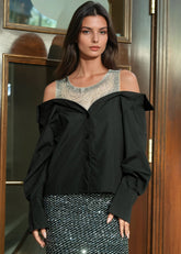 Rhinestone Mesh Contrast Dress Shirt