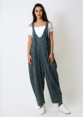 Ribbed Denim Wide Leg Overalls
