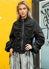 Ruched Drawstring Zip Up Jacket