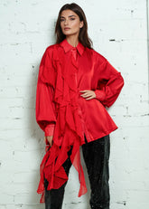 Ruffle Draped Satin Dress Shirt
